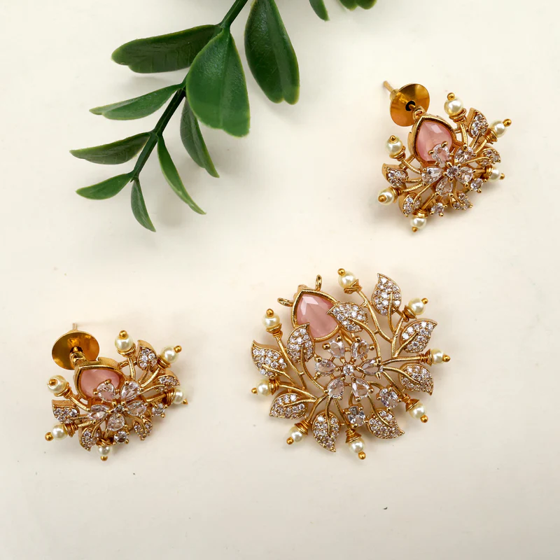 Diamond look AD Flower Pendant set – Peach